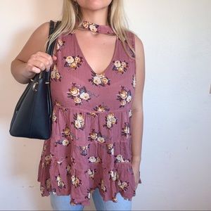 Floral Neck Cutout Blouse